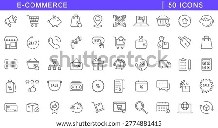 E-commerce icon set. Online shopping icons in line style. Editable web icons shop, cart, delivery, buy, product, wallet, barcode, price tag, sale etc. Vector illustration.