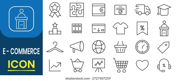 Conjunto de ícones de e-Commerce. Resumo de E-commerce, compras on-line, entrega, loja, marketing, dinheiro, mercado e muito mais. Ilustração vetorial.
