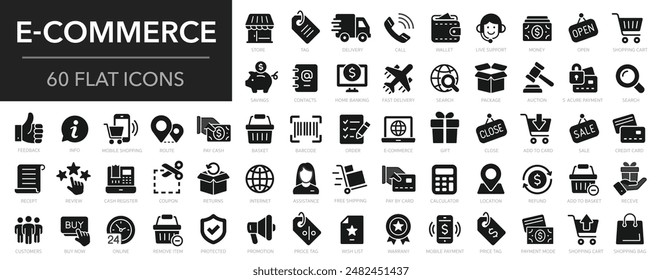 E-commerce Icon Set Outline Strokes. Online shopping, Cart, and Delivery Icons. Minimal Icons Designed for web, mobile, and presentation.