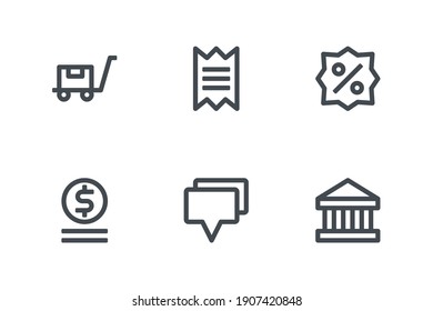 Ecommerce icon set with Package Dolly, Receipt, Discount Tag, coin, chat and bank icon