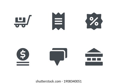 Ecommerce icon set with Package Dolly, Receipt, Discount Tag, coin, chat and bank icon. Solid style