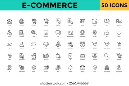 E-commerce icon set with rating, ecommerce, shop local, play video, buy online, voucher, wallet, faqs, digital money icon. Simple line vector 
