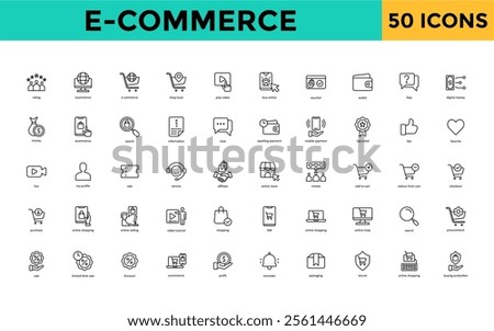 E-commerce icon set with rating, ecommerce, shop local, play video, buy online, voucher, wallet, faqs, digital money icon. Simple line vector 
