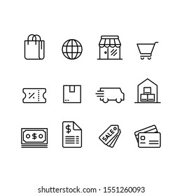 E-commerce icon set, shopping bag, global, shop, trolley, coupon, shipping, delivery, warehouse, money, bill,  price tag and credit card. Simple design. Line vector. Isolate on white background.