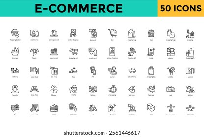 E-commerce icon set with shopping basket, ecommerce, online payment, online shopping, discount, buy, shopping bag, store, shopping bags icon. Simple line vector 