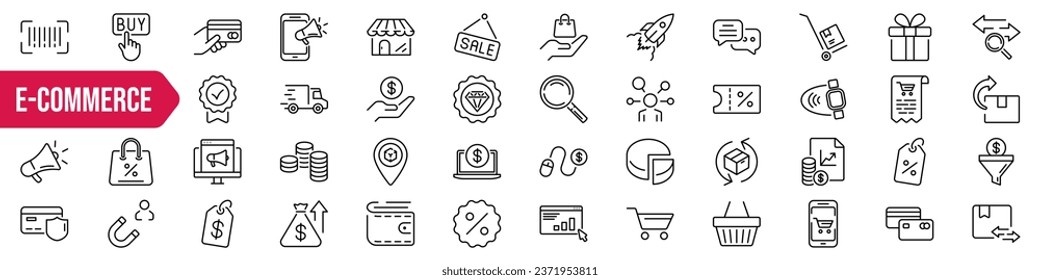 Conjunto de iconos de comercio electrónico. Juego de iconos lineales de compra. Ilustración vectorial.