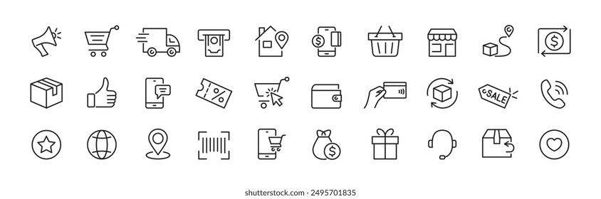 E-commerce icon set. Shopping online and delivery. Vector.