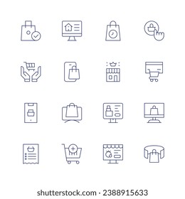 E-commerce icon set. Thin line icon. Editable stroke. Containing shopping bag, consumer protection, smartphone, shopping list, store, vape, online shopping, ecommerce, online shop, online store.