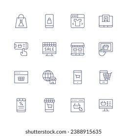 Conjunto de iconos de comercio electrónico. Icono de línea delgada. Trazo editable. Con bolsa de compras, compras en línea, tienda, tienda móvil, ropa, comercio electrónico, compras en línea, tienda móvil, cesta de compras.