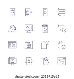 E-commerce icon set. Thin line icon. Editable stroke. Containing shopping app, search, online shop, webpage, online shopping, empty cart, ecommerce, phone, online pharmacy, web page, shopping cart.