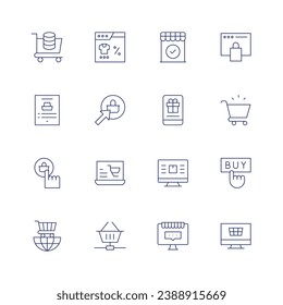 E-commerce icon set. Thin line icon. Editable stroke. Containing shopping cart, online shopping, shopping basket, trading, shop, gift, buy, delivery, ecommerce, empty cart, shopping online.