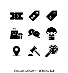 Ecommerce icon set = Ticket Coupon, Price Tag, Discount Label, Shopping Bag, Speech Bubble, Delivery Box, Pin, Hammer and Search Shirt