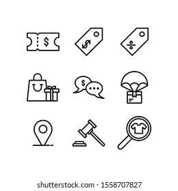 Ecommerce icon set = Ticket Coupon, Price Tag, Discount Label, Shopping Bag, Speech Bubble, Delivery Box, Pin, Hammer and Search Shirt