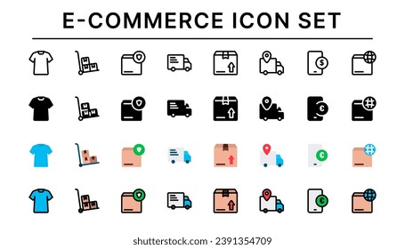 E-Commerce-Symbol-Set, Set von T-Shirt, Trolley, LKW, Smartphone und mehr