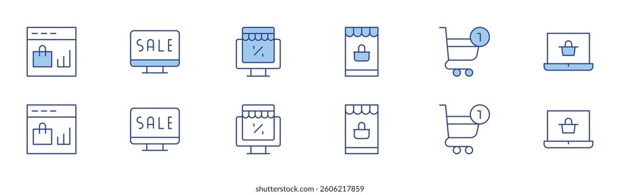 E-commerce icon set in two styles, Duotone and Thin Line style. Editable stroke. shopping online, online shopping, cyber monday, ecommerce, shopping.