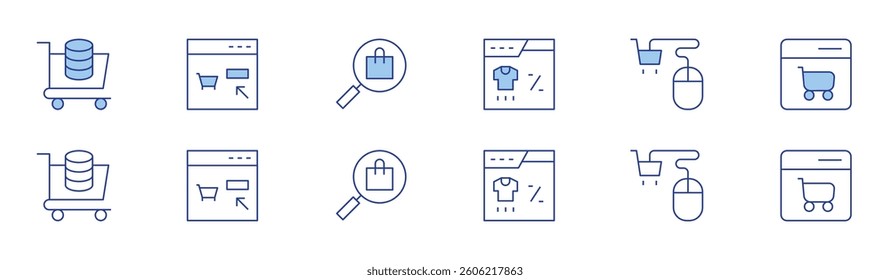E-commerce icon set in two styles, Duotone and Thin Line style. Editable stroke. shopping cart, buy online, search, online shopping.