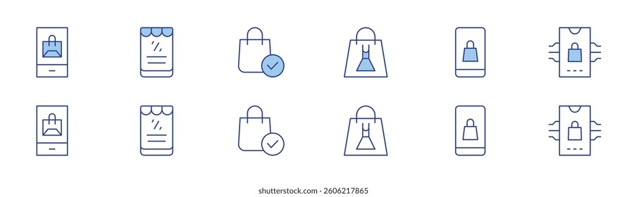 E-commerce icon set in two styles, Duotone and Thin Line style. Editable stroke. shopping app, shopping bag, mobile shop, ecommerce.