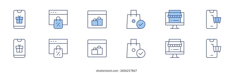 E-commerce icon set in two styles, Duotone and Thin Line style. Editable stroke. shopping bag, phone, online shopping, shopping online, shopping.