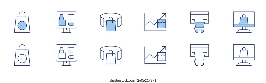E-commerce icon set in two styles, Duotone and Thin Line style. Editable stroke. profit, shopping bag, vape, ecommerce, online shopping, virtual reality.