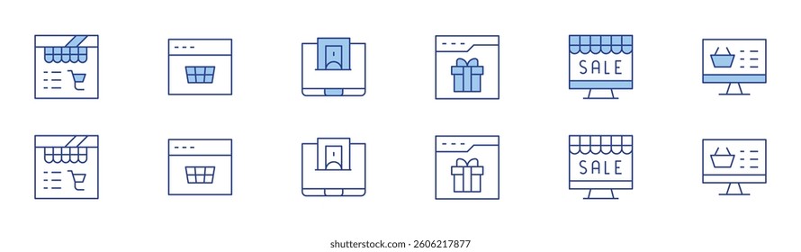 E-commerce icon set in two styles, Duotone and Thin Line style. Editable stroke. online shopping, web page, shop, ecommerce, shopping basket.