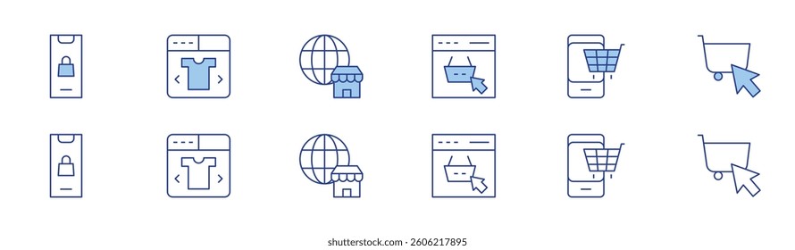 E-commerce icon set in two styles, Duotone and Thin Line style. Editable stroke. online shopping, clothes, ecommerce, shopping online, shopping cart.