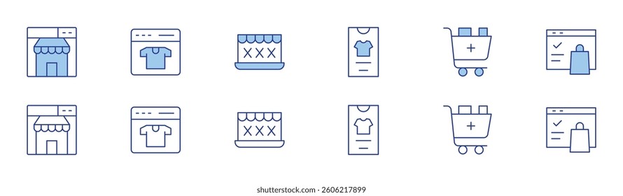 E-commerce icon set in two styles, Duotone and Thin Line style. Editable stroke. online shop, ecommerce, add to cart, online shopping.