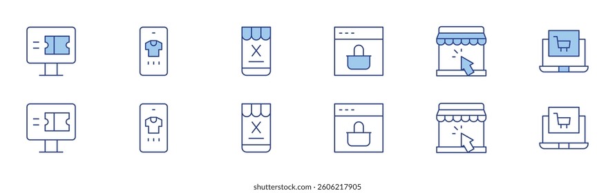 E-commerce icon set in two styles, Duotone and Thin Line style. Editable stroke. e ticket, online shopping, ecommerce, online shop, shop.