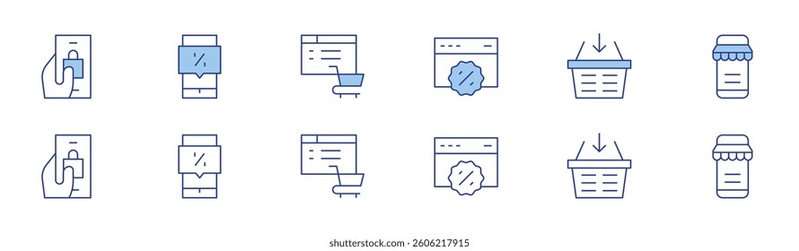 E-commerce icon set in two styles, Duotone and Thin Line style. Editable stroke. bag, discount, online shopping, web, shopping basket, ecommerce.