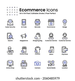 Ecommerce Icon Set Vector Line Style. Online Shop, Shopping Bag, Barcode, Customer Service And More. Editable Stroke Design Element