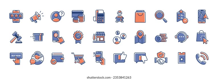 E-commerce icon set vector. Online store business icon collection, delivery, shopping, payment, money, feedback, marketing, assistance, and more. commerce finance shop illustration design