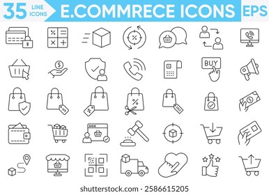 E.commerce icon set.E-commerce, Shopping Delivering, Store, payment, product, search, discounts, offers, customer, delivery, Digital Stores, Mobile Apps and more.Vector and illustrator set.