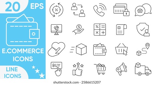 E.commerce icon set.E-commerce, Shopping Delivering, Store, payment, product, search, discounts, offers, customer, delivery, Digital Stores, Mobile Apps and more.Vector and illustrator set.