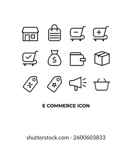 E-Commerce Icon Vector is a collection of vector icons that represent elements in digital commerce, such as shopping carts, online payments, digital stores, transactions, and shipping.