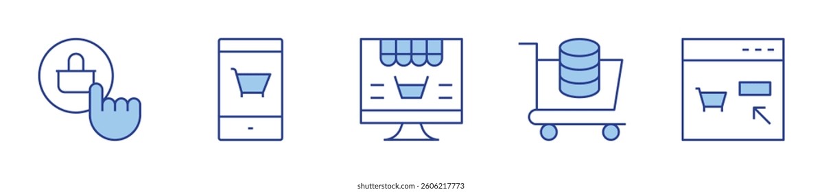 E-commerce Icon vector illustration. Line Duotone style. Editable stroke. shopping cart, buy online, ecommerce, online shopping.