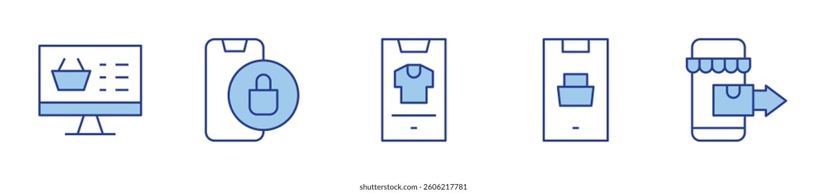 E-commerce Icon vector illustration. Line Duotone style. Editable stroke. shop, online shopping, smartphone, ecommerce, shopping basket.