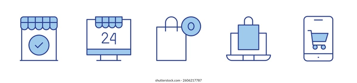 E-commerce Icon vector illustration. Line Duotone style. Editable stroke. shop, online shopping, empty cart, online shop, mobile phone.
