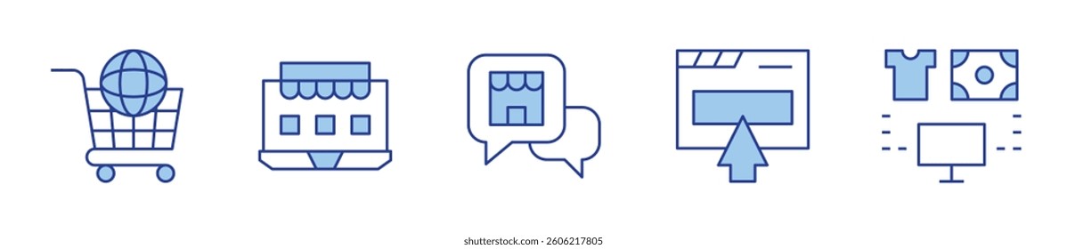 E-commerce Icon vector illustration. Line Duotone style. Editable stroke. online shopping, question, online shop, global, ecommerce.