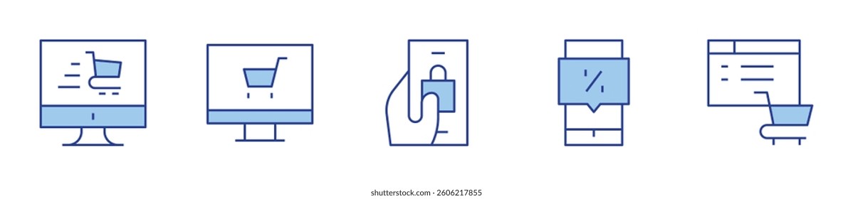E-commerce Icon vector illustration. Line Duotone style. Editable stroke. bag, discount, online shopping, online shop.