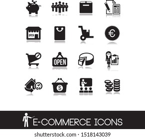 E-commerce icons in black style for shopping. Vector illustration.