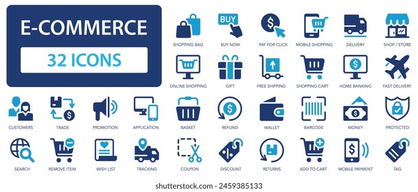 Colección de iconos de comercio electrónico. Tienda en línea y compras. set. Mercado, entrega, tienda, marketing, dinero. Icono de Vector plano simple.