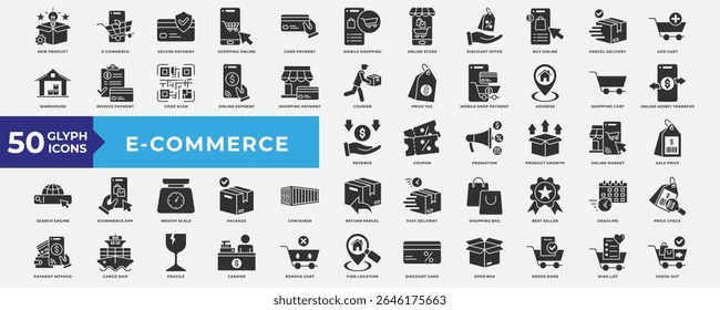 Conjunto de colección de iconos de comercio electrónico. Contiene nuevo producto, pago, compras en línea, pago con tarjeta, compras móviles, tienda en línea, compra en línea, entrega y best seller. Vector de glifo simple.