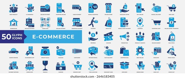 Conjunto de coleta de ícones de comércio eletrônico. Contendo novo produto, pagamento, compras online, pagamento por cartão, compras móveis, loja online, comprar online, entrega e best-seller. Vetor plano simples.