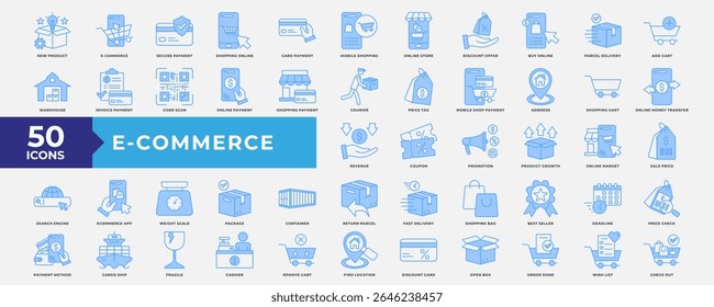 E-commerce icons collection set. Containing new product, payment, shopping online, card payment, mobile shopping, online store, buy online, delivery and best seller. Simple Blue Vector.