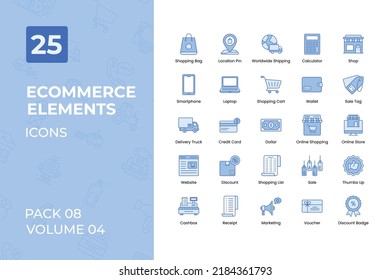Colección de iconos de comercio electrónico. Set contiene iconos como la bolsa de compras, el envío a nivel mundial, la tienda, la etiqueta de venta y más.
