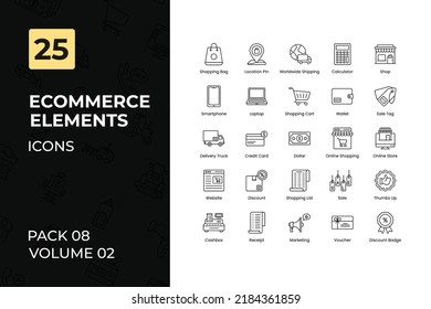 Colección de iconos de comercio electrónico. Set contiene iconos como la bolsa de compras, el envío a nivel mundial, la tienda, la etiqueta de venta y más.