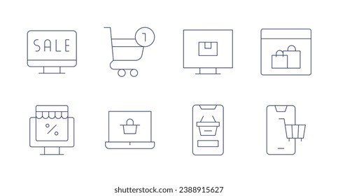 Symbole des elektronischen Geschäftsverkehrs. Bearbeitbarer Strich. Mit Online-Shopping, Cyber Montag, Online-Shop, E-Commerce, Shopping, Online-Shopping.