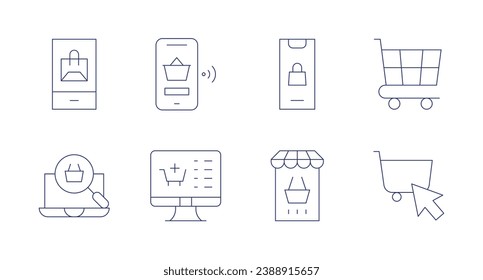 E-commerce icons. Editable stroke. Containing shopping app, search, online shopping, phone, online pharmacy, shopping cart.