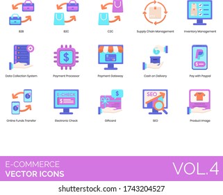 E-commerce Icons Including B2B, B2C, C2C, Supply Chain Management, Inventory, Data Collection System, Payment Processor, Cash On Delivery, Online Funds Transfer, Electronic Check, Giftcard, SEO.