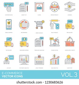 E-commerce icons including customer review, budget list, closed, premium product, cashback, mobile shopping, recommended, order checkout, select, fast delivery, worldwide shipping, auction, live chat