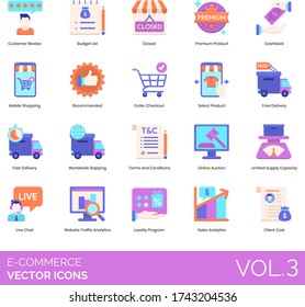 E-commerce icons including customer review, cashback, mobile shopping, recommended, order checkout, fast delivery, worldwide shipping, terms and conditions, online auction, limited supply capacity.